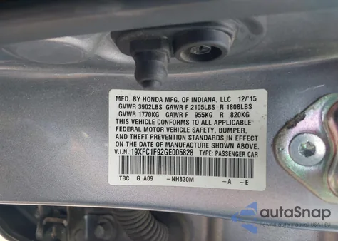 2016 Honda Civic Touring from USA, damaged, VIN 19XFC1F92GE005828